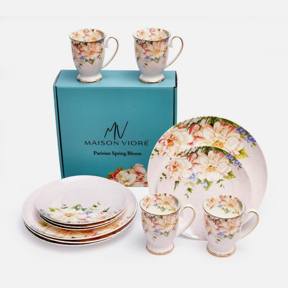 Maison Viore Parisian Spring Bloom Plates and Mugs set of 12 Pink